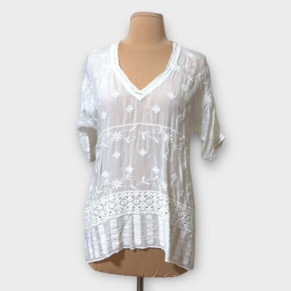 Johnny Was White Boho Blouse S Embroidered V Neck Sheer Short Sleeve EUC - Picture 1 of 7